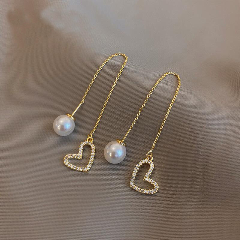 Korean Earrings Fashion Jewelry Simulation Pearl Long Love Rhinestone Ear Line Tassel Statement Earrings For Women Wholesale