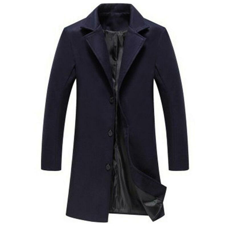 Jaqueta masculina de lã, casaco longo de inverno com lapela, cor sólida, sobretudo fashion luxuoso