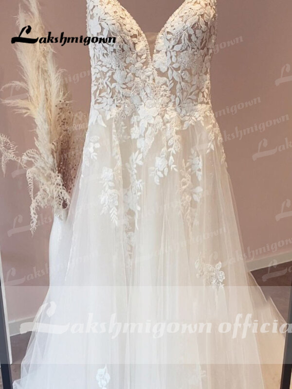 Tiras de espaguete vestido de noiva de renda vintage com v decote vestido de noiva tule praia vestido de noiva trouwjurk lakshmigown
