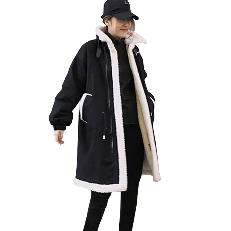 Casaco de inverno feminino parka casaco de lã de cordeiro quente blusão de comprimento médio gola em pé casaco feminino casual solto casaco quente