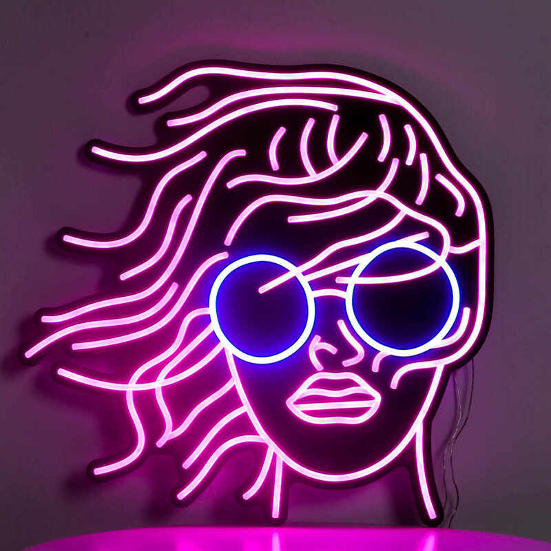 Merah Muda Wanita Gadis Kepala Potret Kacamata Led Lampu Neon Berbentuk Neon Dinding Seni untuk SPA, Bioskop KTV Salon Kuku Dekorasi Rumah Kamar Tidur