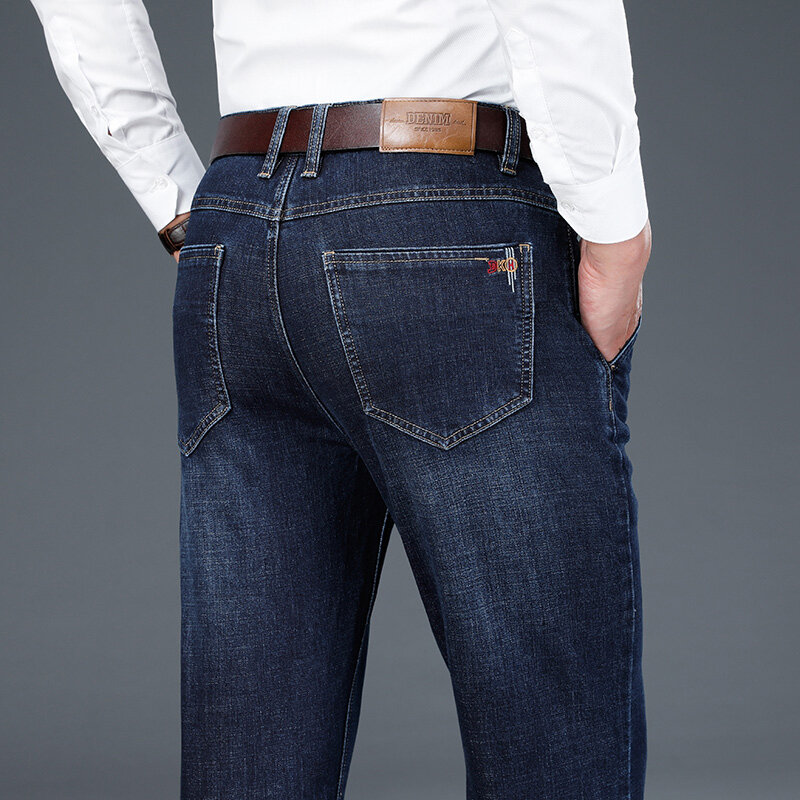 2023 Herfst Nieuwe Stretch Katoenen Heren Zakelijke Straight-Leg Jeans Klassieke Stijl Mode Donkerblauwe Denim Broek Mannelijk Merk Broek