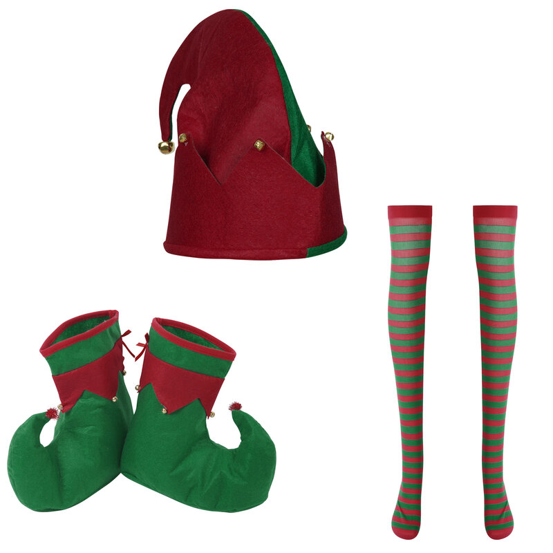 ハロウィーンのクリスマスコスプレコスチューム,蝶ネクタイ付きの大きな靴,装飾的なベル,帽子,ハイストッキング