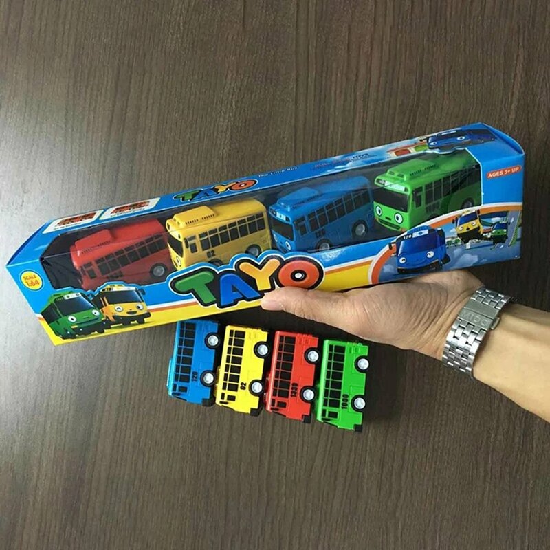 Juego de juguetes educativos de Anime Tayo the Little Bus, Mini autobús de plástico extraíble, modelo de coche, regalos de Navidad para niños, 4 piezas