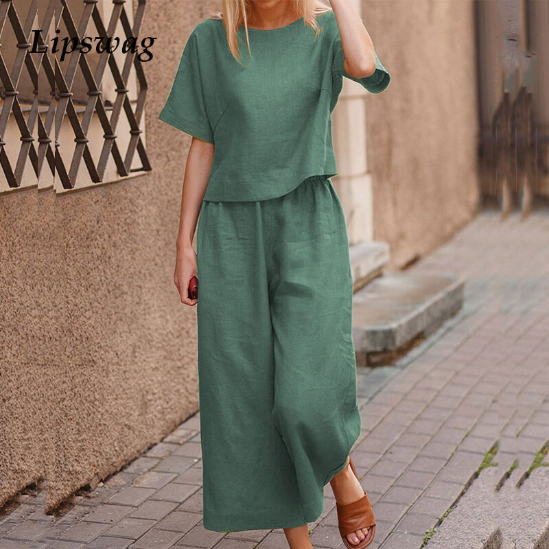 2021 Summer New Casual Women Two Piece Sets Cotton Linen O-Neck Tops And Straight Pants Outfits Fashion Solid Ladies Streetwear