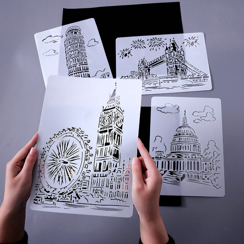 A4 Creative Architecture Series Hollow Painting Stencils Lace Ruler Drawing Template for Diy Scrapbooking Decorations