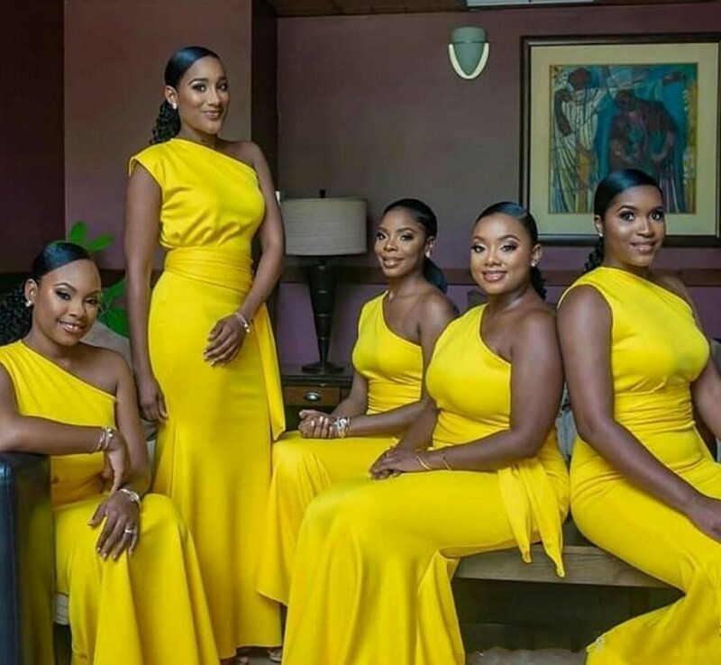 Vestidos 2021 South African สีเหลือง Mermaid One Shoulder ชั้นความยาวซาตินปาร์ตี้ Gowns