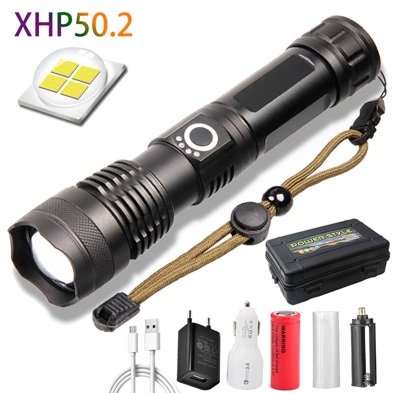 Lanterna xhp50.2 de led, tocha recarregável em usb com zoom, à prova d'água, bateria 18650 ou 26650 para acampamento ao ar livre