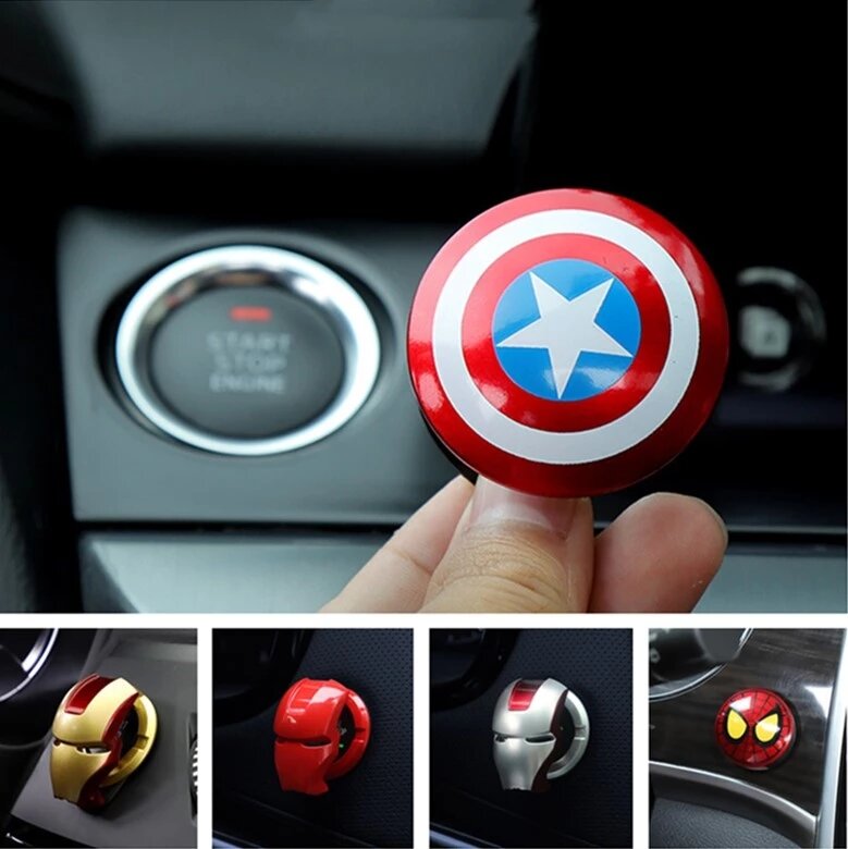 Disney Anime Figure Spiderman Iron Man Car Engine Ignition Start Switch Button Cover Trim Stickers Toys doll Christmas gift