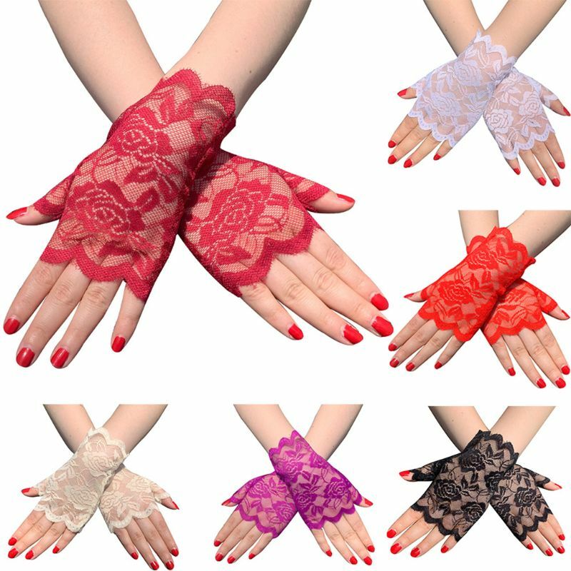 Women Short Lace Fingerless Gloves Sunblock Bridal Wrist Floral Mittens Opera Evening Wedding Tea Party Cosplay Mittens