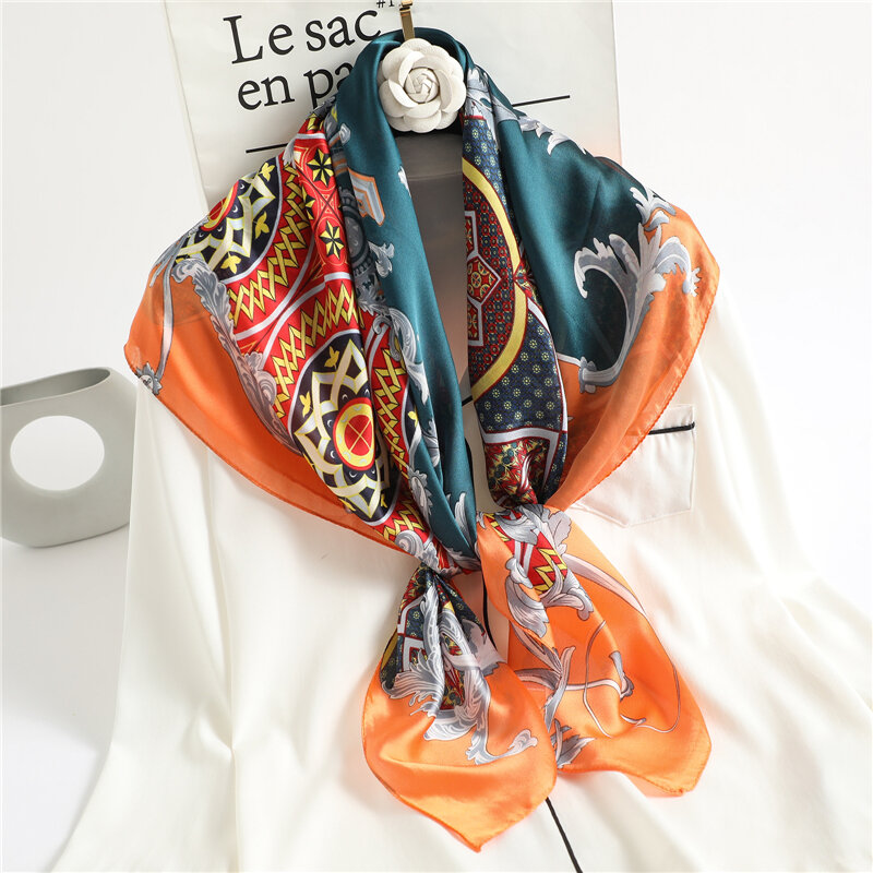 Pañuelo cuadrado de seda con estampado para mujer, bufanda de diseño, chal, Hijab, Pashmina, 2022