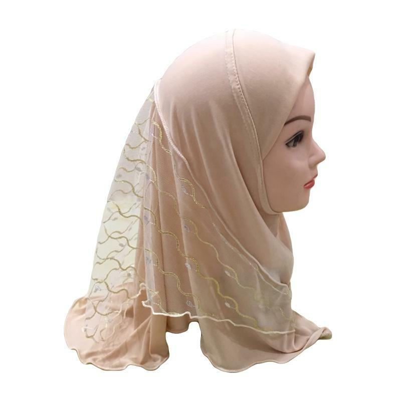 Een Stuk Amira Moslim Kids Meisjes Mesh Hijab Hoofddoek Wrap Sjaals Tulband Islamic Gebed Trekken Aan Kant En Klare Draag Hoed 2-7 Jaar