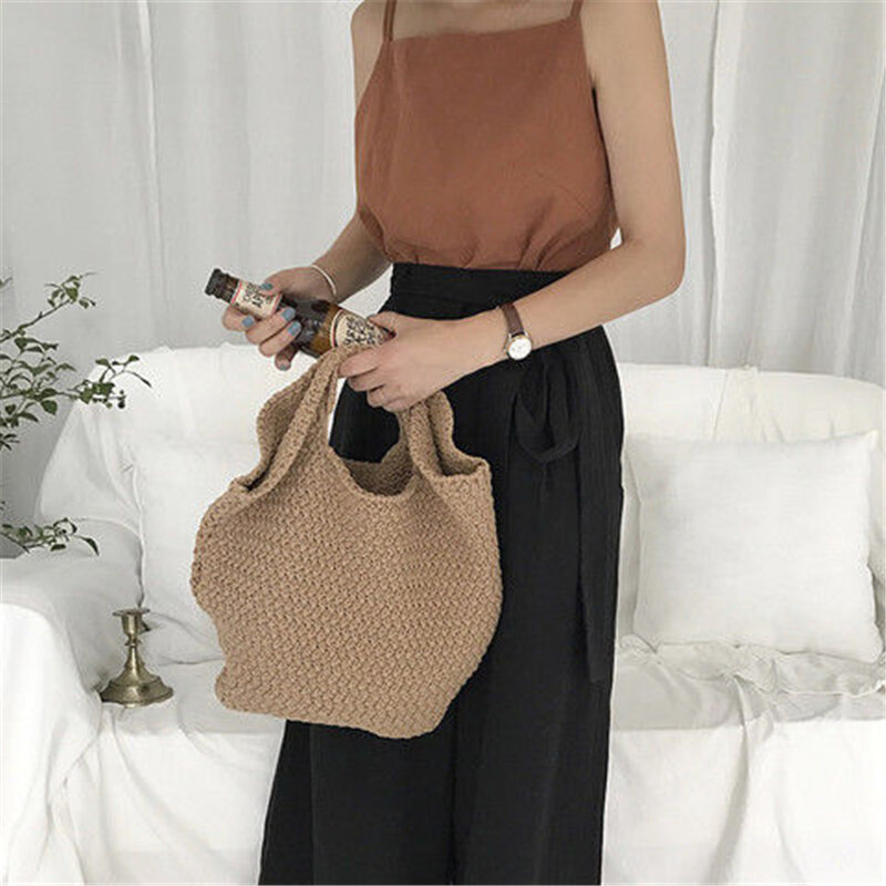 Women Knitted Shopping Bag Clutch High Capacity High-quality Portable Folding Retro Ins Fashion Soft Comfortable Brown Khaki