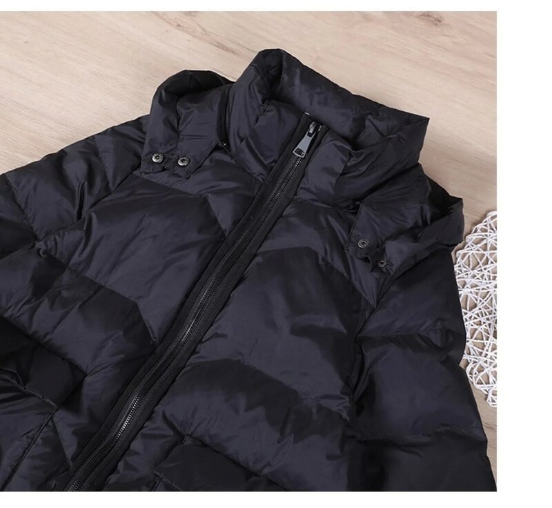 Pocket Stand Collar Duck Down Jacket With Detachable Hat Womens Casual Large Hem Solid Color Oversized Outerwear