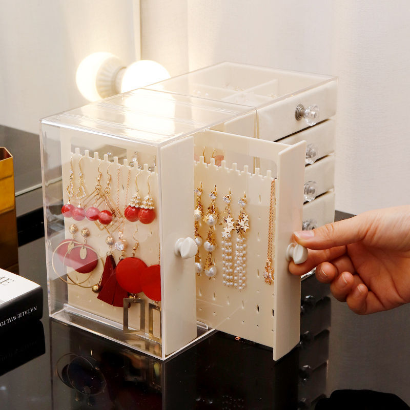 Boîte à bijoux transparente multifonctionnelle, stockage de bijoux ménagers, anti-poussière, boucles d'oreilles, support Vertical de bureau