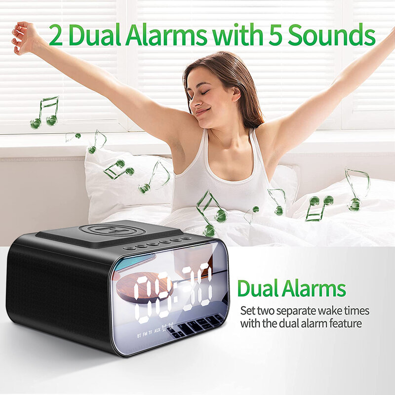 Réveil sans fil avec haut-parleur Bluetooth, réveil numérique intelligent LED, horloges de table électroniques de bureau, radio FM, chargeur rapide USB
