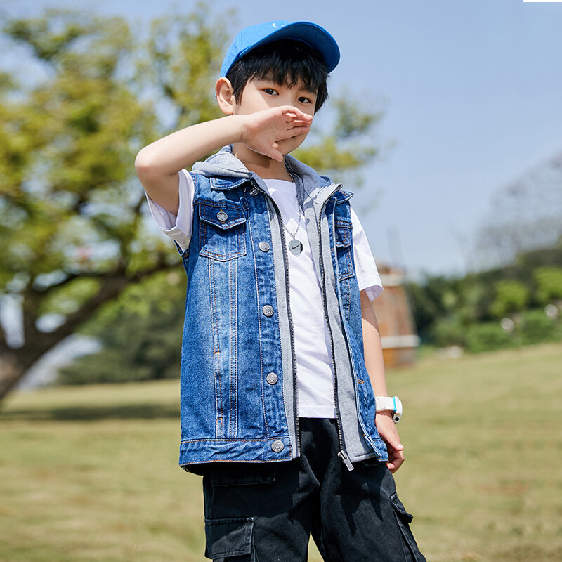 Dziecięca niebieska kamizelka dżinsowa z kapturem modna marka designerska dziecięca jeansowa kamizelka dla nastoletnich 160
