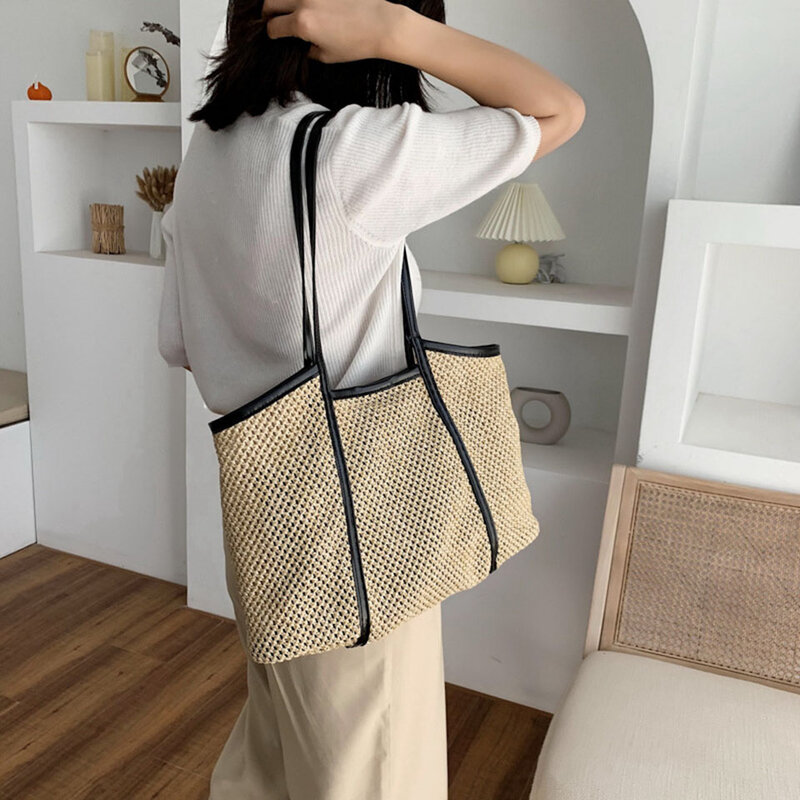 Large Capacity Cutout Summer Straw Bags For Women Handbag Fashion Woven Ladies Rattan Bag Casual Tote Shoulder Bag Bolso Verano