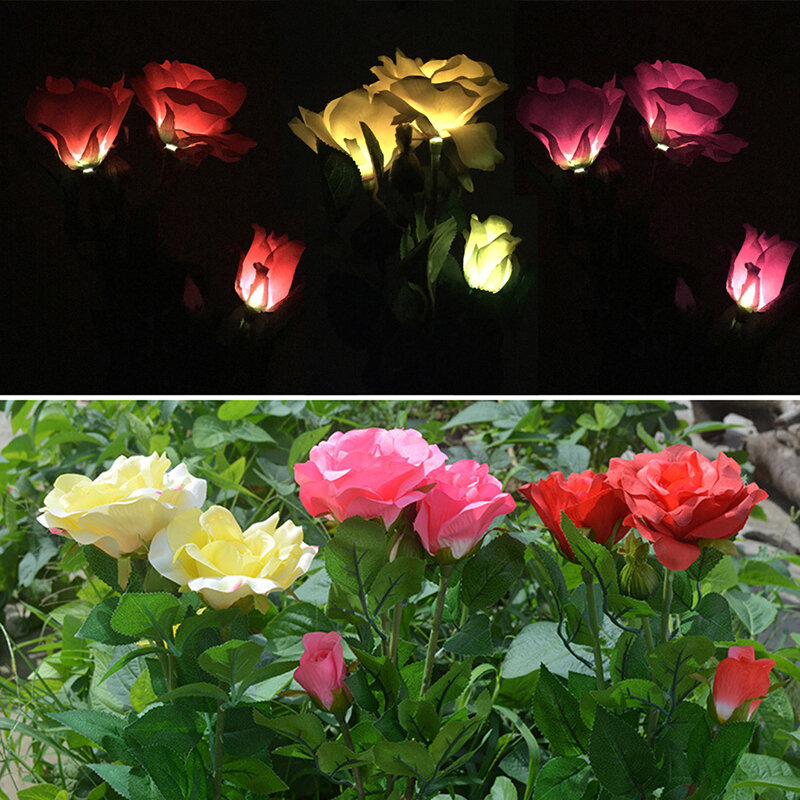 Solar Powered 3 LED Rose Flower Garden Night Light Lamp Outdoor Party Decor