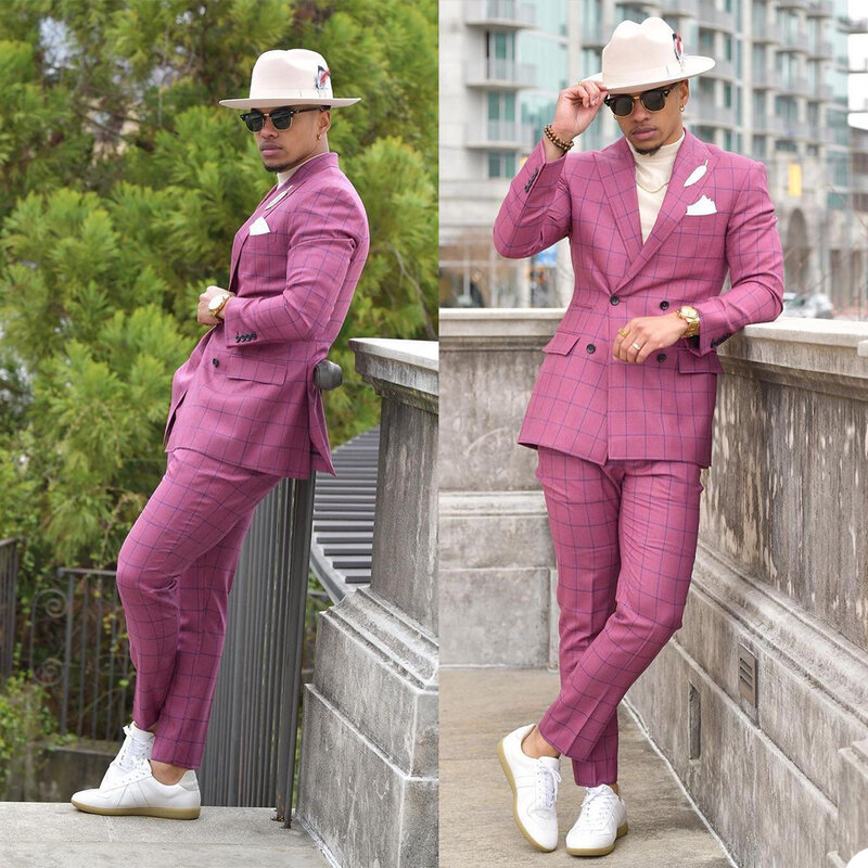 Smart Hot Pink Check Customized Mens Wedding Tuxedos Groom Wear Formal Dinner Prom Party Blazer Suits(Jacket+Pants)