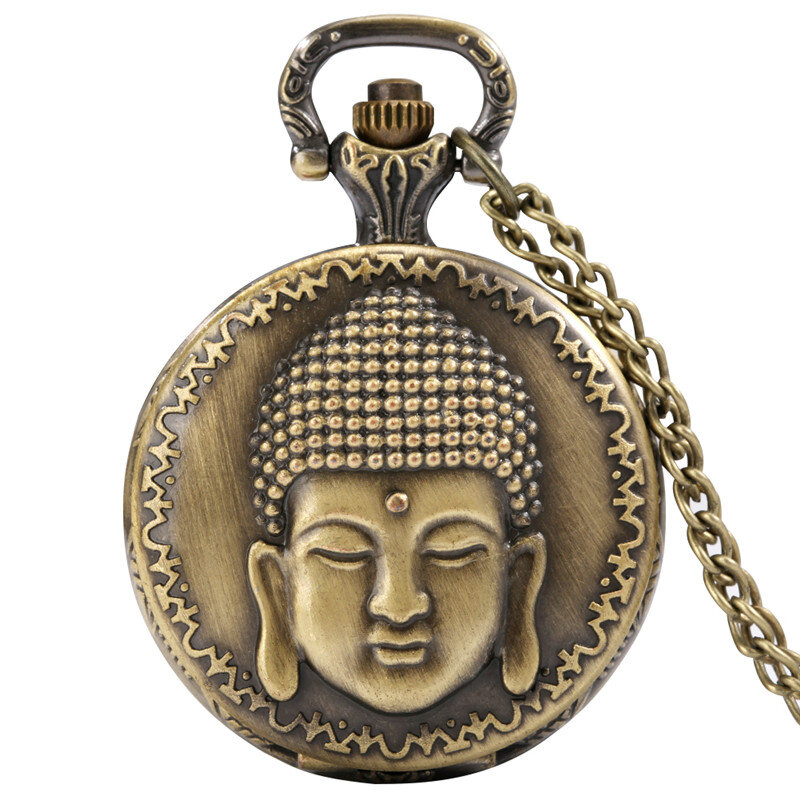 Antico Buddha Head Design uomo donna orologio da tasca analogico al quarzo Display numero arabo Full Hunter Case collana catena regalo retrò
