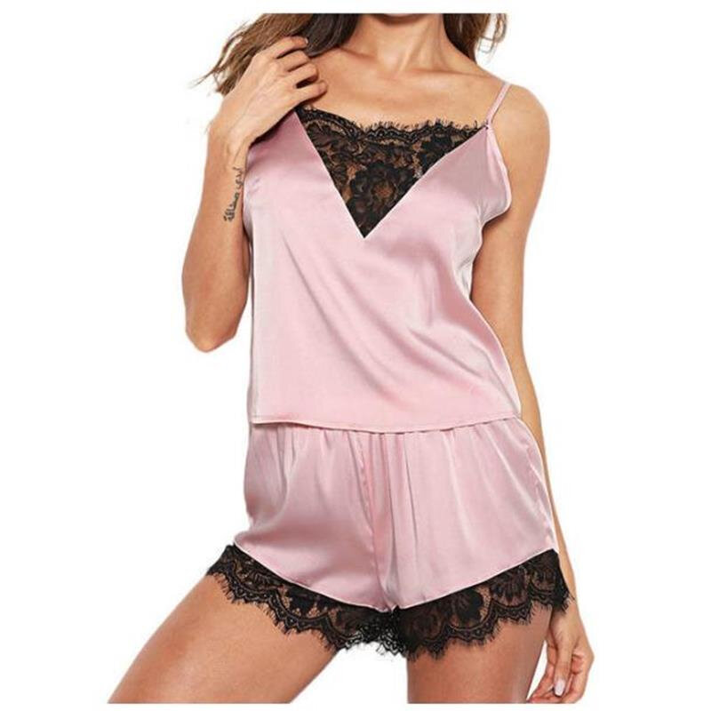 새로운 우아한 레이스 잠옷 세트 여성 여름 꽃 레이스 새틴 잠옷 섹시한 Homewear 정장 솔리드 Pijama Mujer 플러스 크기