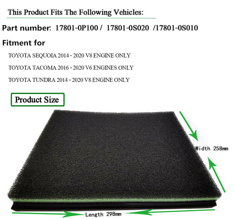 Filtro de aire de 3 capas, esponja de actualización para motor TOYOTA SEQUOIA TACOMA TUNDRA V6 V8 17801-0P100