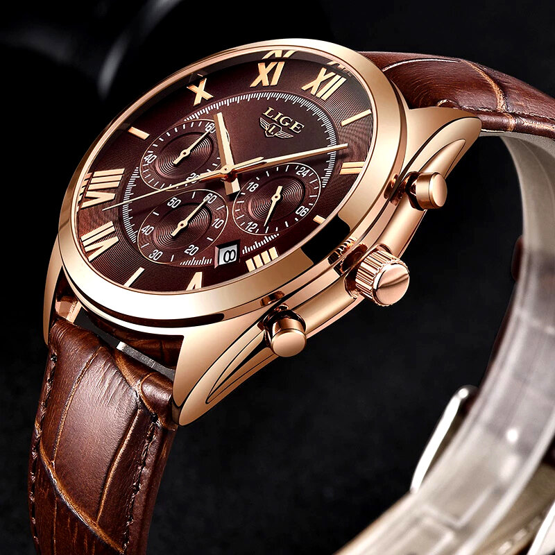 LIGE-Relógio de pulso esportivo de couro marrom impermeável masculino, relógio quartzo, data 24 horas, marca superior, luxo, 2023