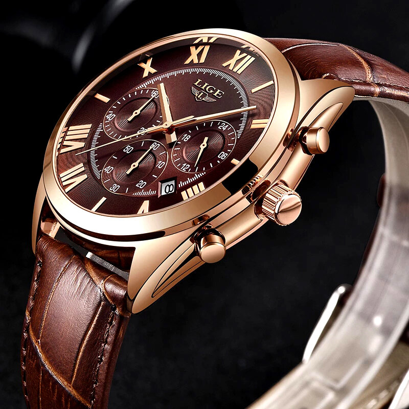 2023 LIGE Watch For Men Top Brand Luxury Waterproof 24 Hour Date Quartz Clock Brown Leather Sports WristWatch Relogio Masculino