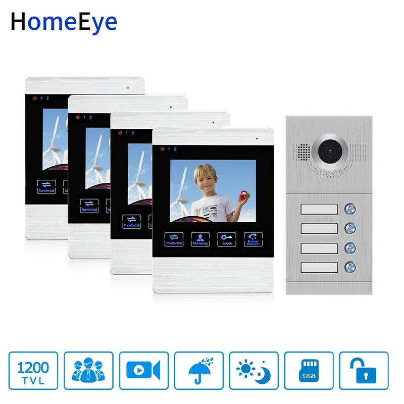 4インチ有線ビデオドア電話ビデオインターホン4-アパートドアアクセス制御システム4独立した家族モーション検出osdメニュー