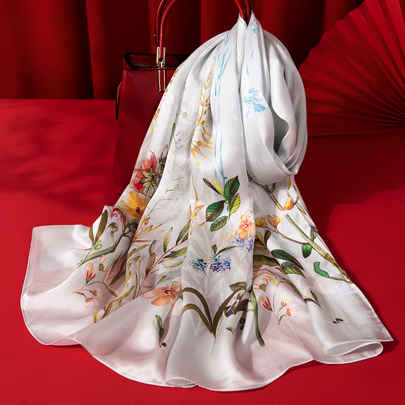 Bufandas de seda con estampado de hojas de loto para Mujer, pañuelo de seda Natural, 100%, para las cuatro estaciones, novedad