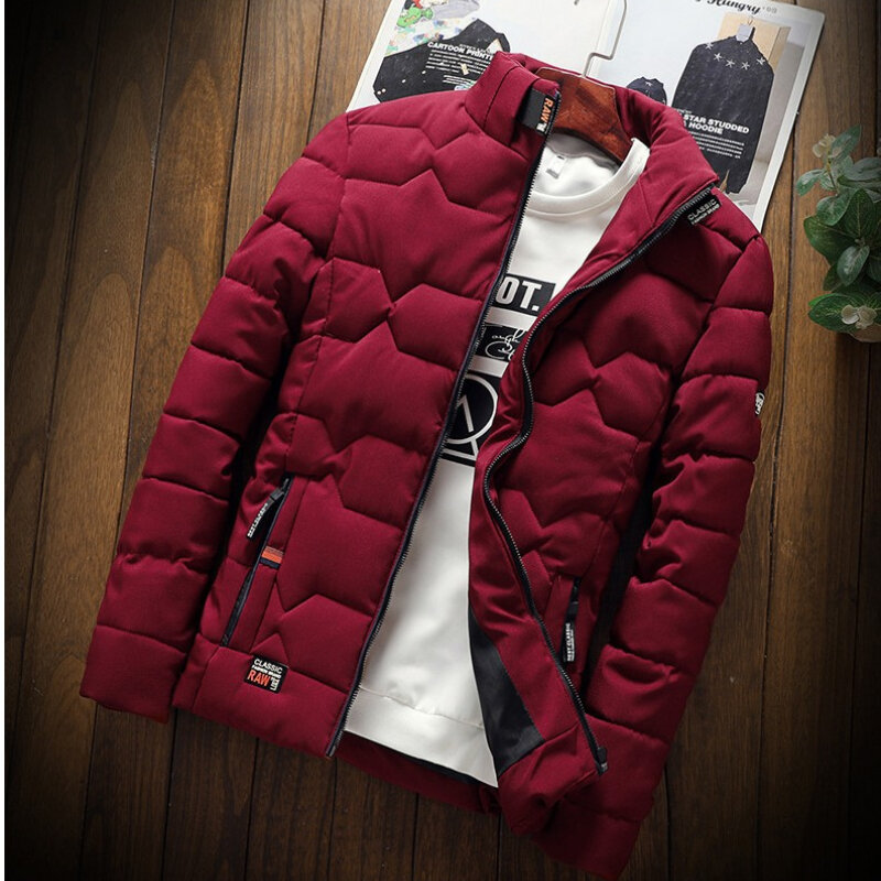 2021 남자 솔리드 컬러 스트라이프 패션 옷깃 플러스 벨벳 패딩 코트 겨울 코트 의류 절연 및 추운 보호 겨울에