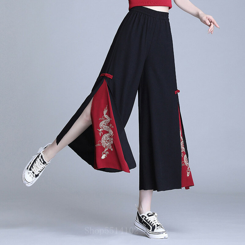 Estilo chinês tradicional verão chiffon recortado cintura alta lado split design seção fina ampla perna calças para mulher