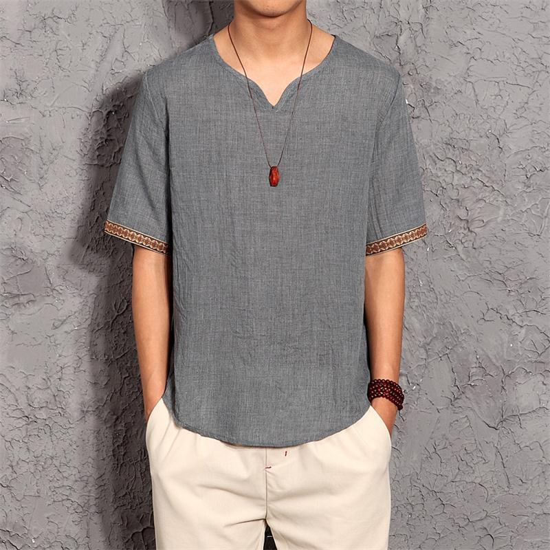 New Summer Loose Short Sleeve Large Size T-shirt Chinese Style Linen Men&#39;s Short Sleeve Thin Retro T-shirt
