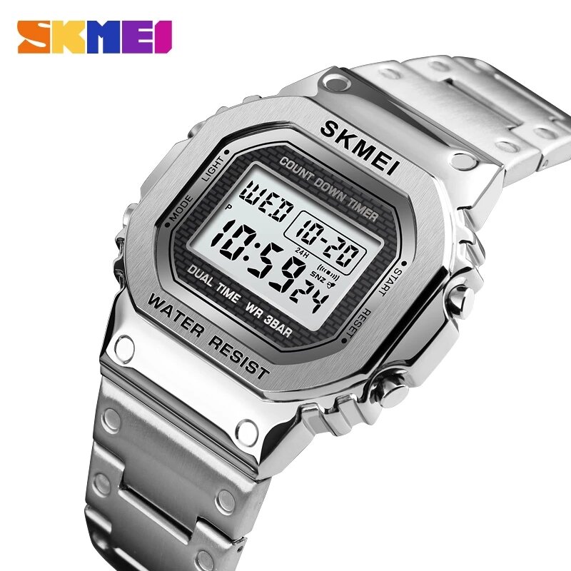 SKMEI Retro Small Gold Digital Watch Steel Belt Male Female Couple Waterproof Timing Alarm Clock Square Electronic Clock 1456