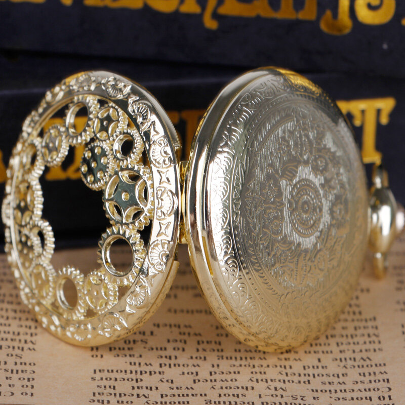 Movimento quartzo relógio de bolso com corrente, engrenagem oca, colar, pingente, presente, preto, bronze, ouro, presentes