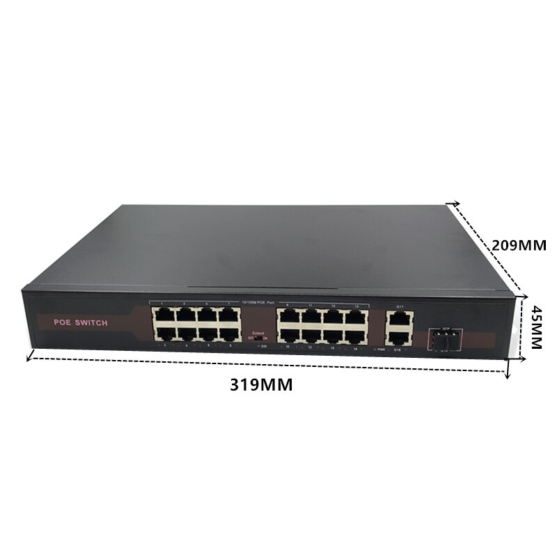 48V Ethernet POE Switch dengan 16 Port 10/100Mbps Port IEEE 802.3 Af/At Cocok untuk Kamera IP/Sistem Kamera AP/CCTV Nirkabel
