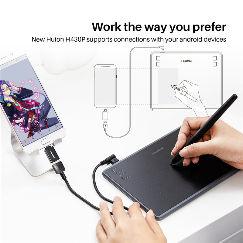 Huion-h430p tablet gráfico, com caneta sem bateria, caneta para desenho digital, assinatura, jogo osu