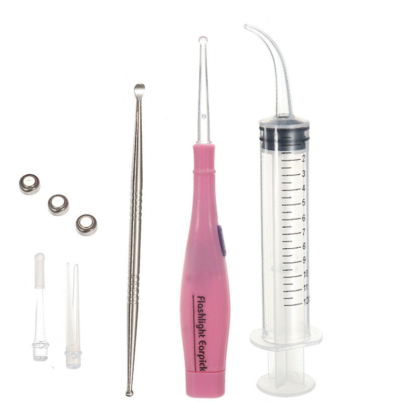 1 conjunto de ferramentas removedor de pedra tonsil kit removedor de cera de orelha luz led com 3 dicas earpick 12cc irrigator seringa ferramenta cuidados limpos