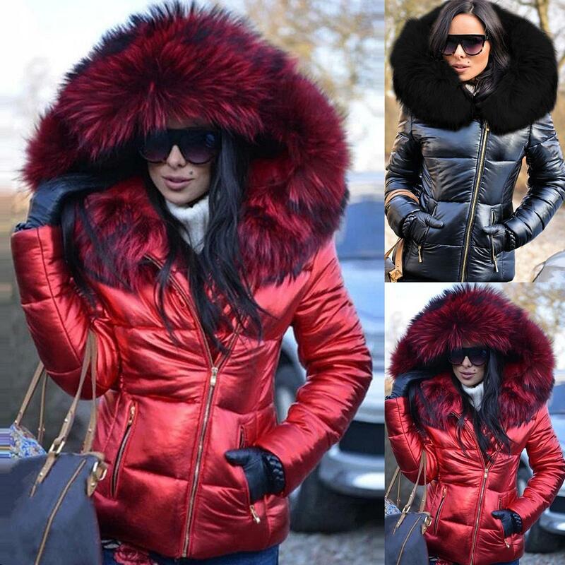 Jaket Parka Wanita Ukuran Plus Mantel Musim Dingin 2020 Tudung Bulu Imitasi Jaket Parka Hangat Saku Ritsleting Pakaian Luar Ruangan Wanita