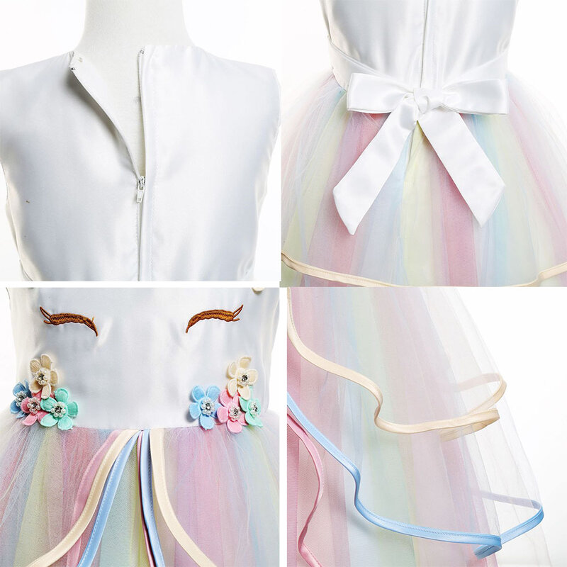 Детское платье для девочек; Детское платье для дня рождения костюмы Единорог радужные платья для девочек с цветочным принтом, свадебное платье, комплекты одежды, Vestidos От 3 до 11 лет