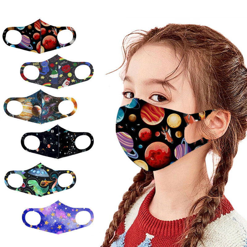1PC Children's Adjustable Windproof Reusable Printed Face Mask Kids Planet Print Outdoor Shield Washable Faces Protection