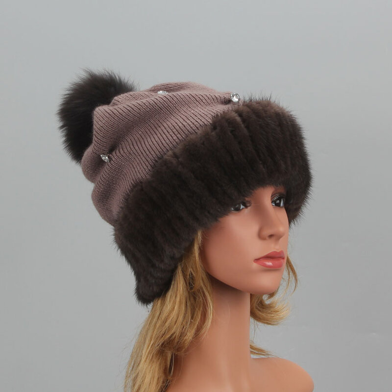 Moda donna lavorata a maglia vera pelliccia di visone berretti berretto inverno cappello da donna caldo naturale pelliccia di visone cappelli elastico di lusso femminile cappello di pelliccia