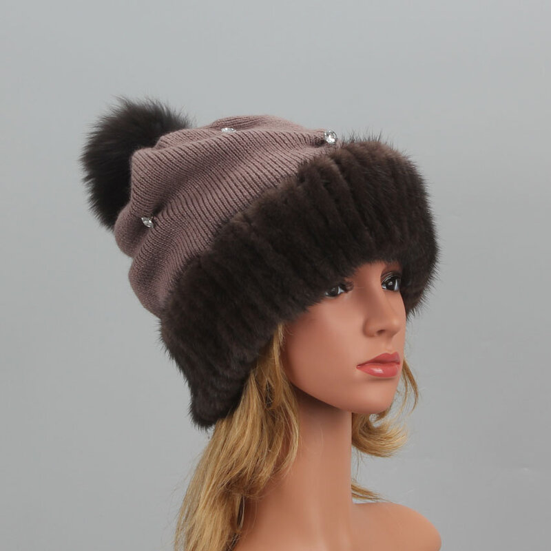 Fashion Knitted Ladies Real Mink Fur Beanies Cap Winter Women's hat  Warm Natural Mink Fur Hats Elastic Luxury Female Fur Hat