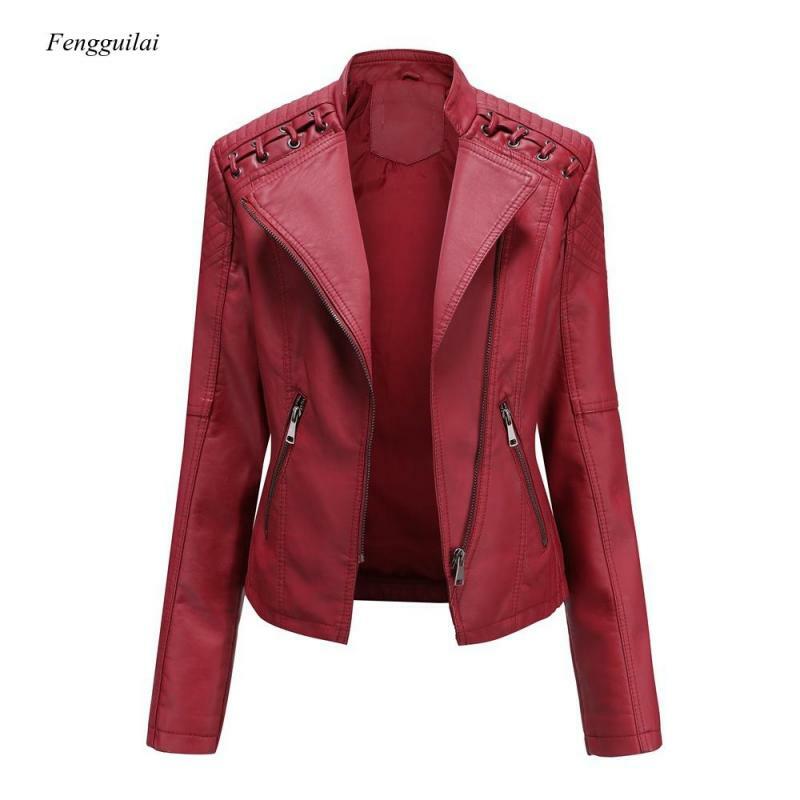 Женская Роскошная куртка из искусственной кожи с воротником, черная, розовая, красная байкерская куртка