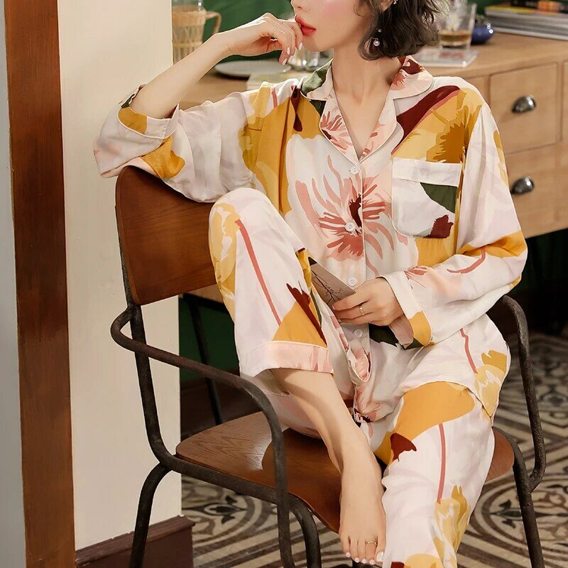 Conjunto de 2 pijamas con estampado Floral para mujer, ropa de dormir de manga larga con cuello vuelto, para invierno, M/XXL