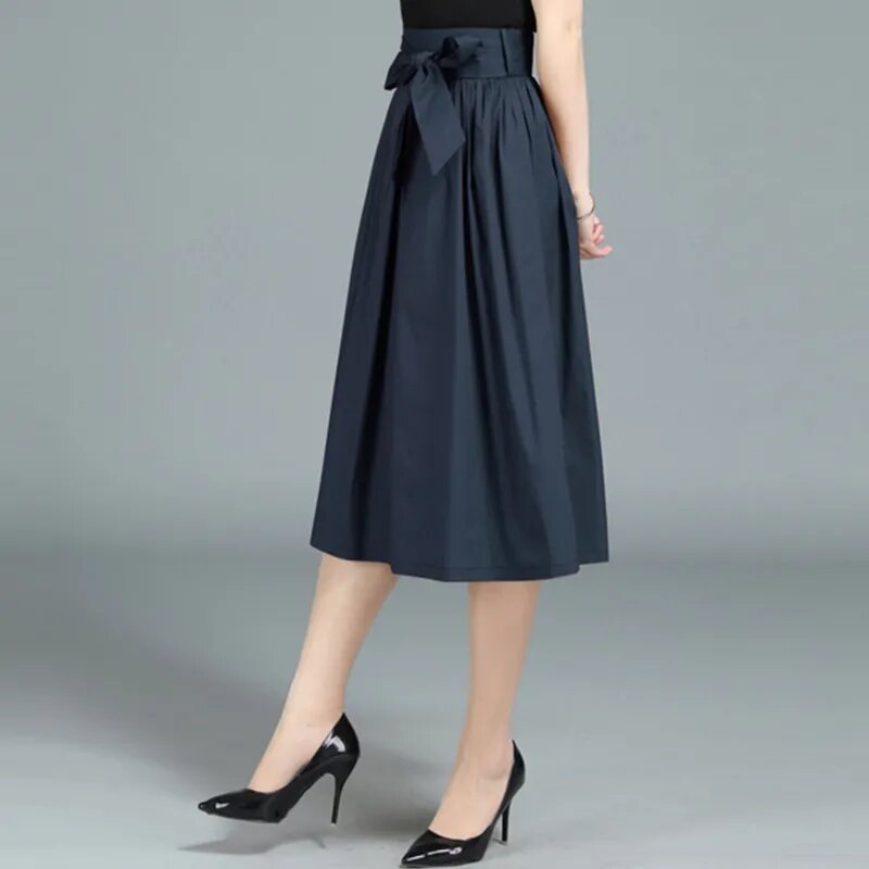 Saia Midi com laço de cintura alta elástica, elegante senhora do escritório, saia preta plissada, moda coreana, plus size, nova, 2023