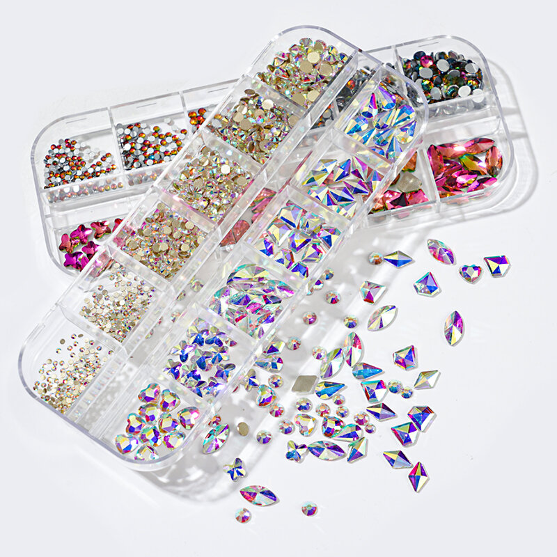 12 Kotak Lingkar Multi Ukuran AB/Warna-warni Hotfix Berlian Imitasi Pipih Kristal Berlian Permata 3D Glitter Seni Kuku Dekorasi Mewah & * &