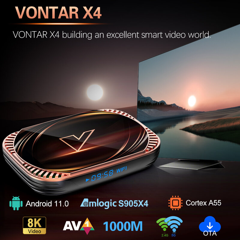 VONTAR-X4 أندرويد 11 صندوق التلفزيون مجموعة ، أملوجيك S905X4 ، 4GB ، 128GB ، 32GB ، 64GB ، 1000M ، واي فاي ، 4K ، AV1 ، مشغل جوجل ، ميديا بلاير