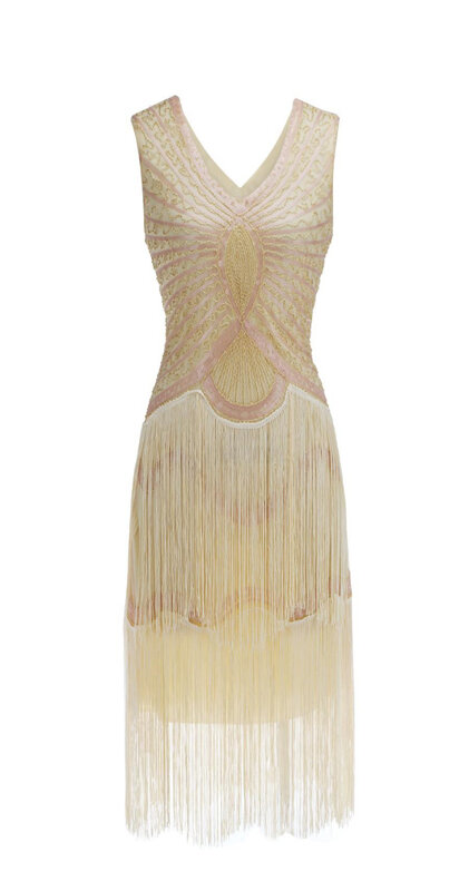 3XL Plus 1920s Gatsby Charleston Sequin White Bead Fringe Flapper Dress Robe Double V-Neck Sleeveless Tiered Tassel Party Dress